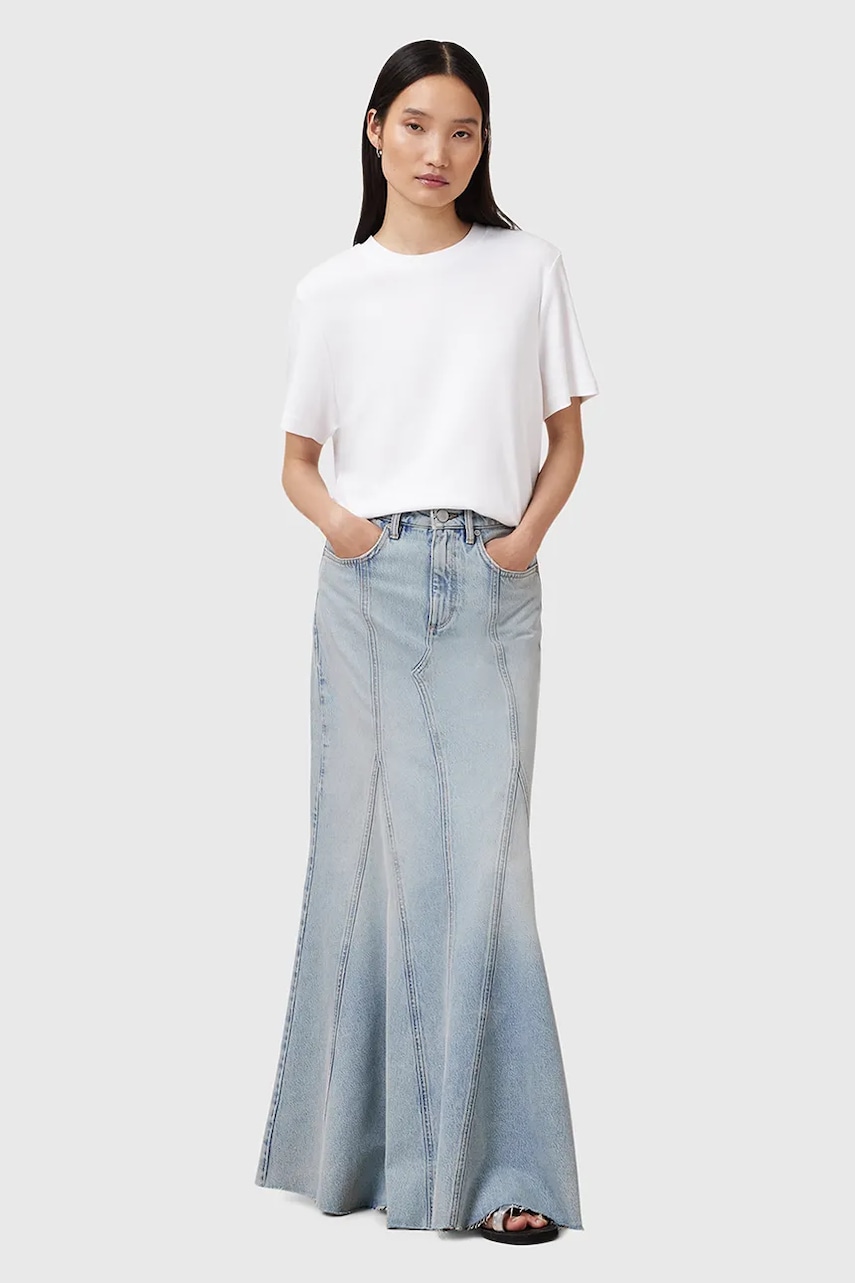 Džínová sukně AllSaints ALMA modrá barva, maxi, áčková, W068RC