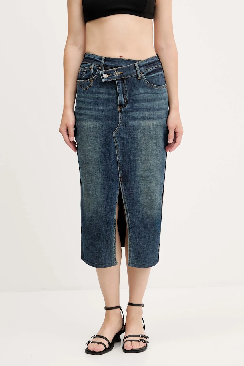 Džínová sukně Desigual TWISTED tmavomodrá barva, midi, pouzdrová, 25WWFD03