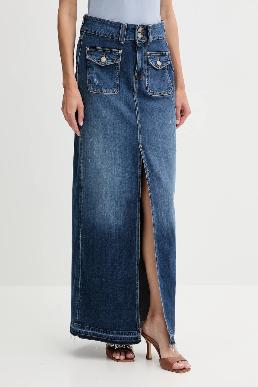 Džínová sukně Guess SKYLA tmavomodrá barva, midi, W5YD63 D5QP3