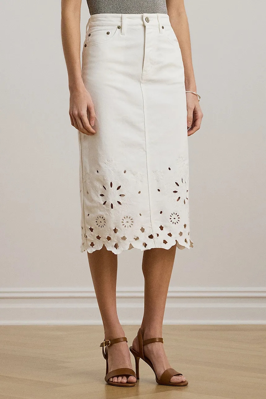 Džínová sukně Lauren Ralph Lauren bílá barva, midi, 200978819