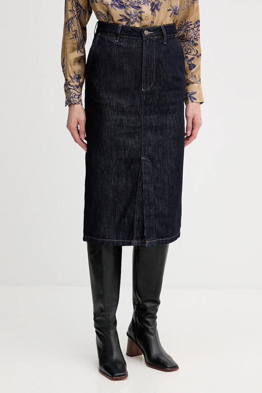 Džínová sukně Sisley tmavomodrá barva, midi, 447ZL002U