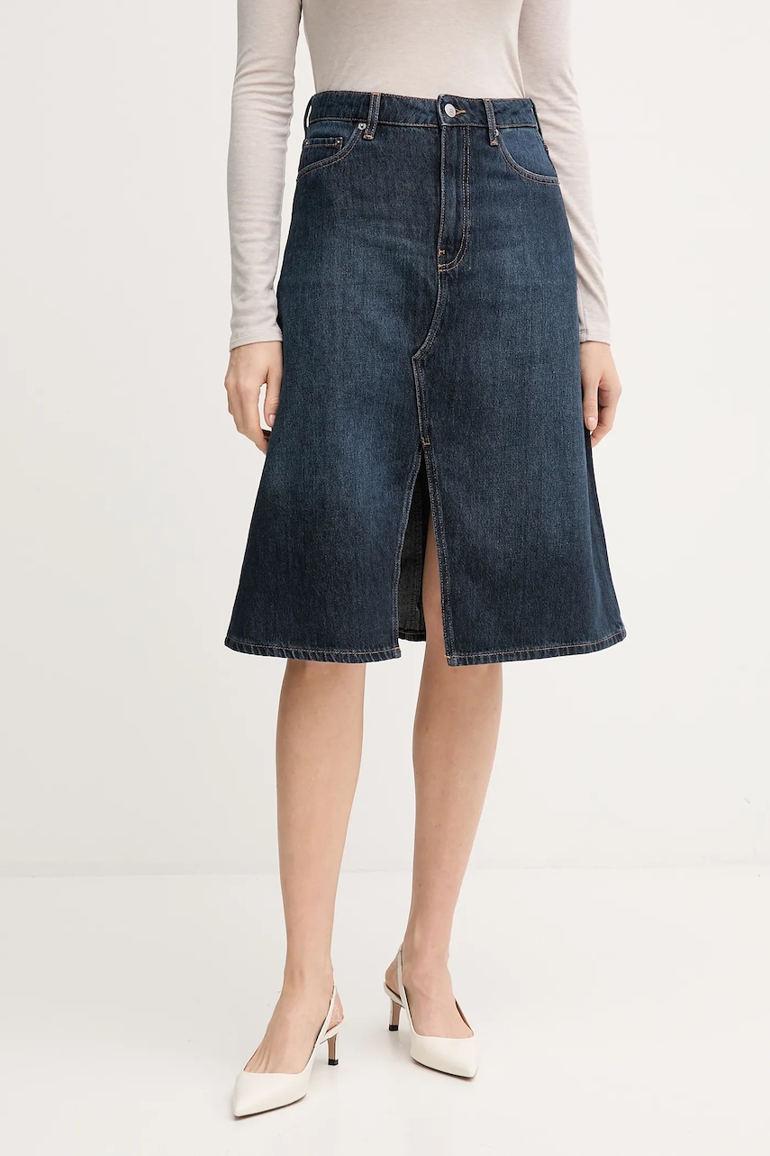 Džínová sukně Tommy Hilfiger tmavomodrá barva, midi, áčková, WW0WW46776