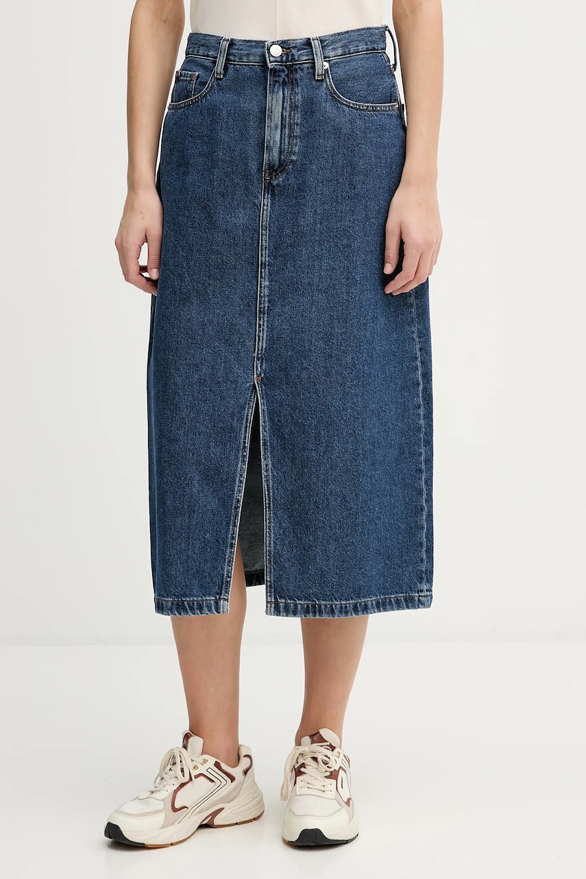 Džínová sukně Tommy Hilfiger tmavomodrá barva, midi, áčková, WW0WW47729