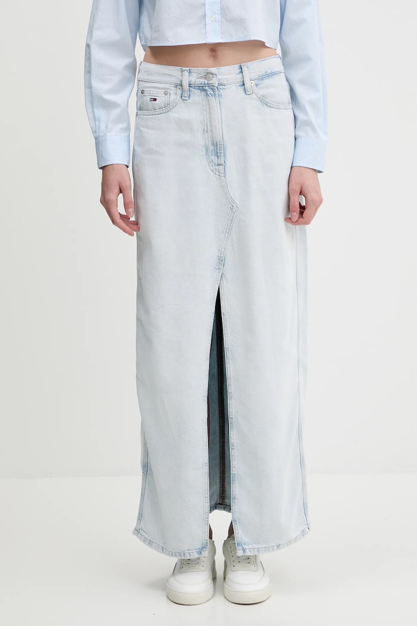Džínová sukně Tommy Jeans modrá barva, maxi, DW0DW21069