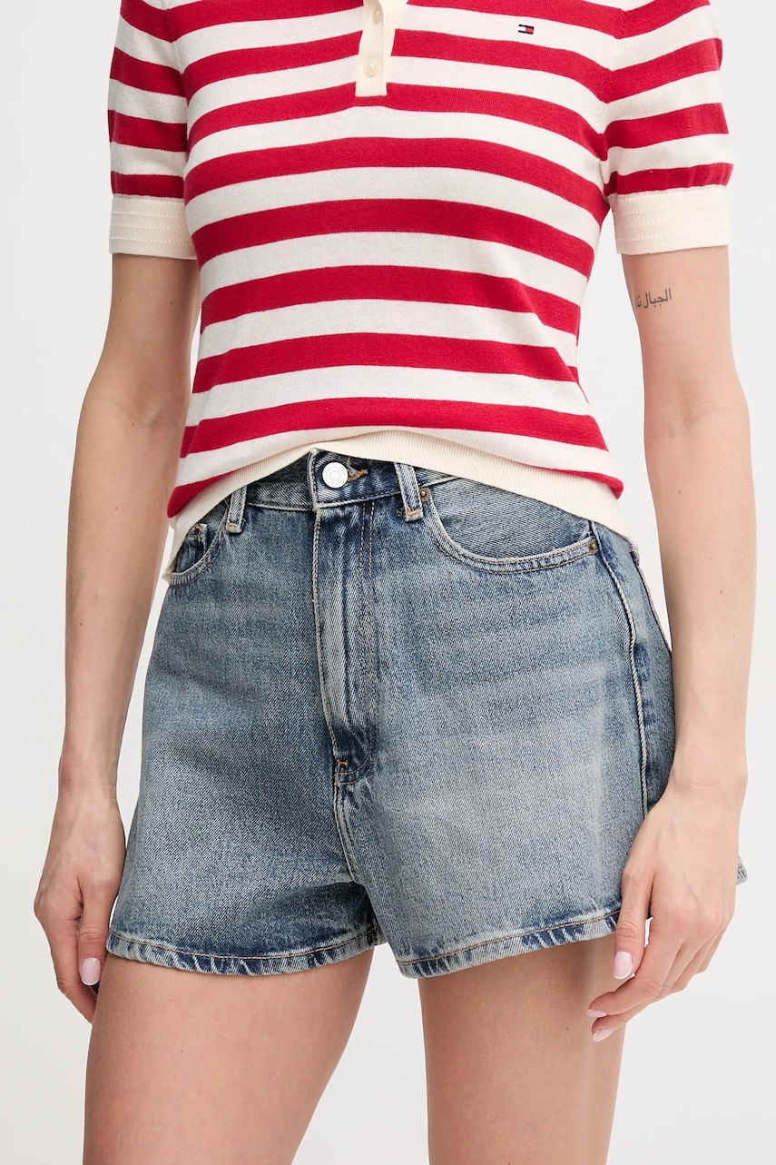 Džínové šortky Tommy Hilfiger dámské, modrá barva, hladké, high waist, WW0WW44384