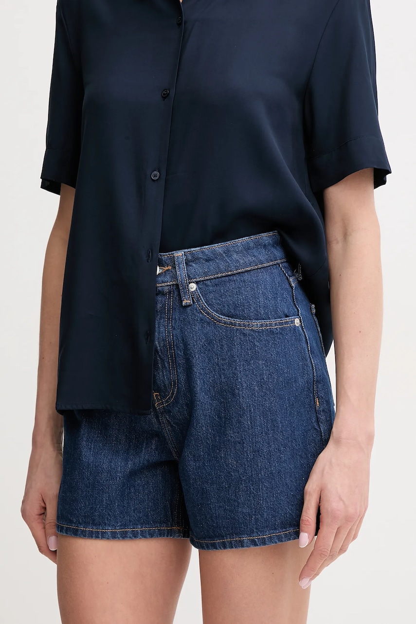 Džínové šortky Tommy Hilfiger dámské, modrá barva, hladké, high waist, WW0WW44385