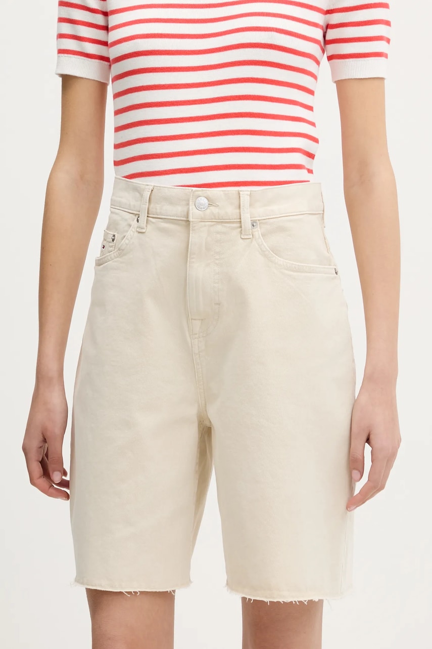 Džínové šortky Tommy Jeans dámské, béžová barva, high waist, DW0DW21646