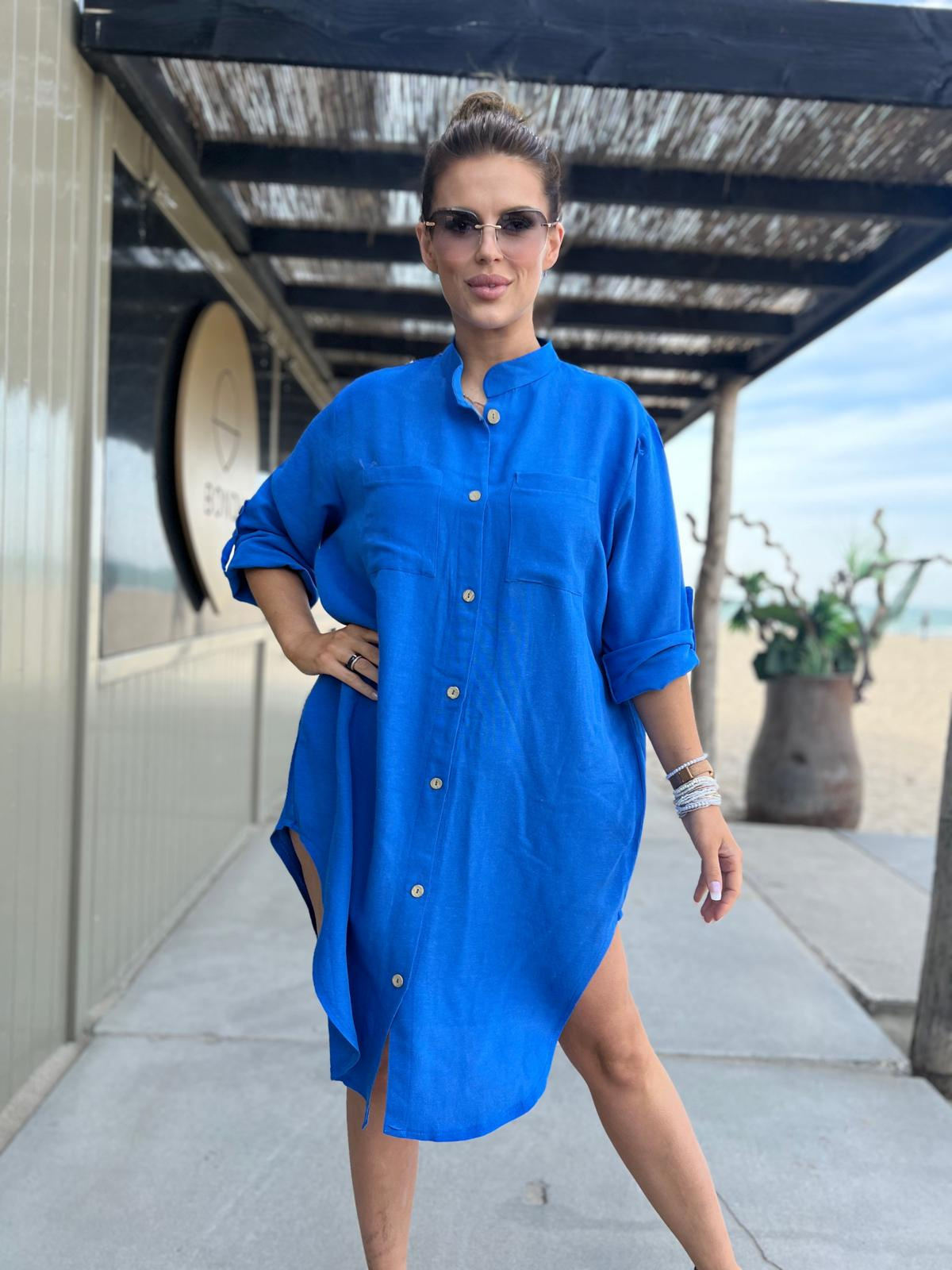 Edoti Linen, shirt dress with stand-up collar