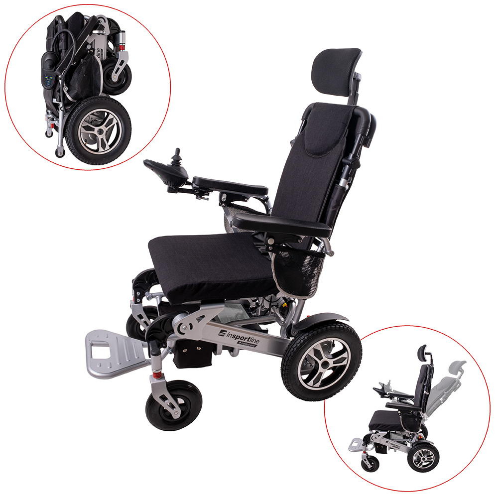 Elektrický invalidní vozík inSPORTline Hawkie Evo II s polohovatelným opěradlem • 700W • 30,55kg • do 130kg • až 24km dojezd stříbrná