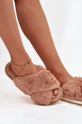 EVENTO Kožešinové domácí pantofle pro ženy s proplétajícími se pásky Camel Quenelle