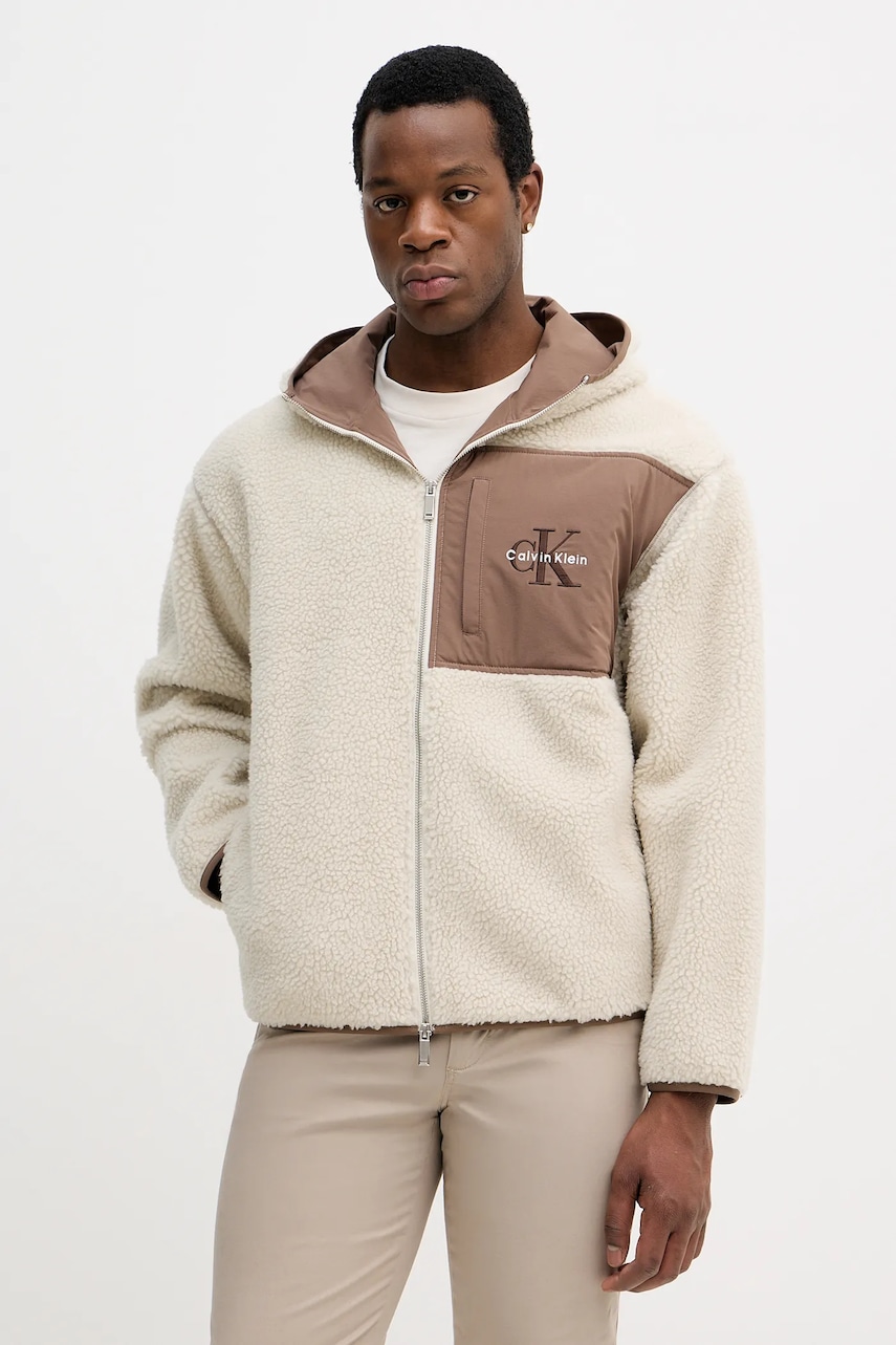 Fleecová mikina Calvin Klein Jeans pánská, béžová barva, s kapucí, hladká, LV04RD218G