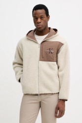 Fleecová mikina Calvin Klein Jeans pánská, béžová barva, s kapucí, hladká, LV04RD218G