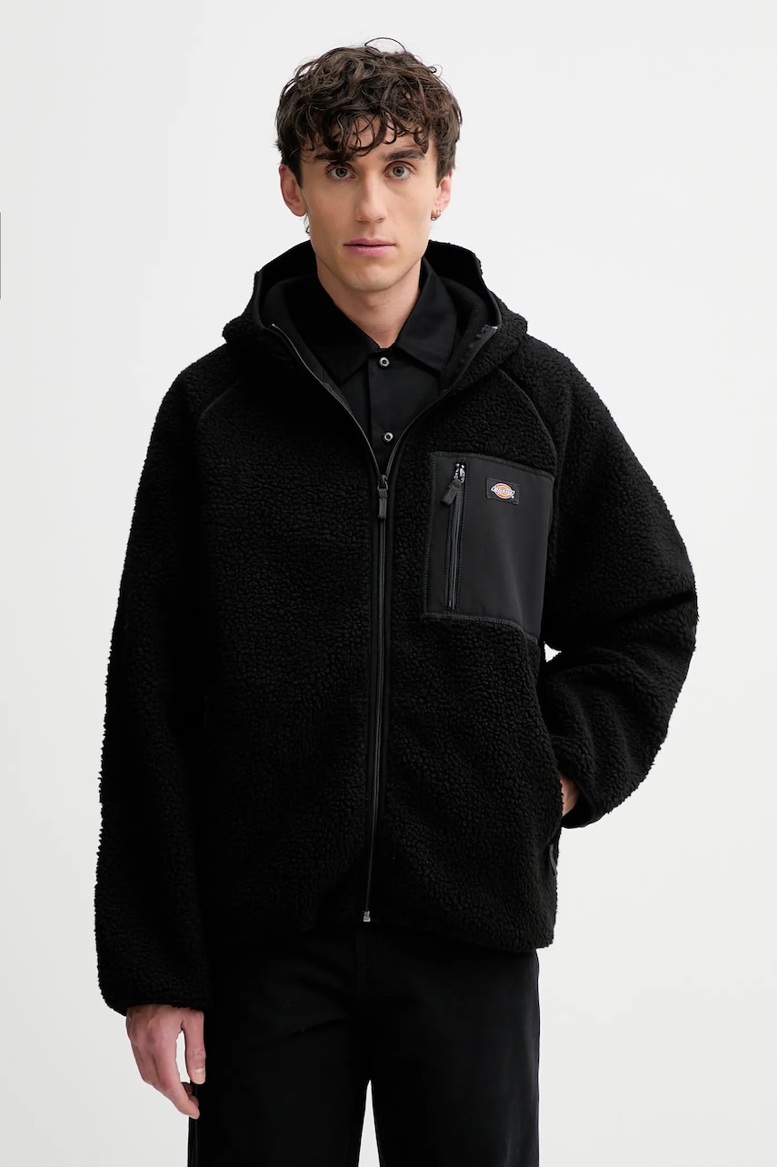 Fleecová mikina Dickies pánská, černá barva, s kapucí, hladká, DK0A87NV