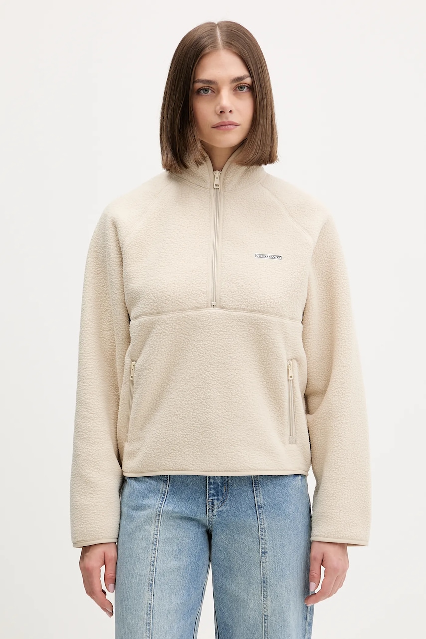 Fleecová mikina Guess Jeans dámská, béžová barva, hladká, W5BQ18 K1042