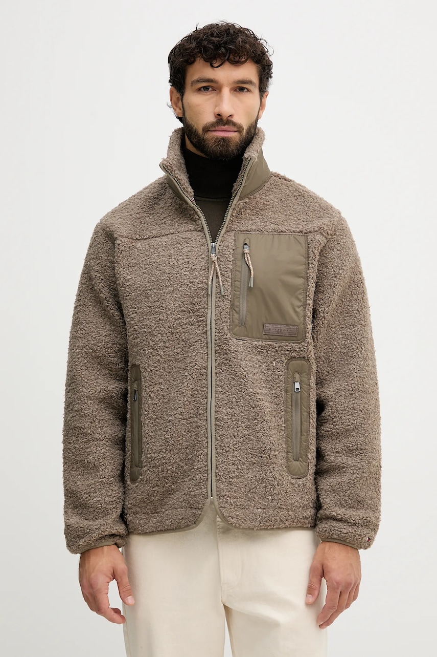 Fleecová mikina Tommy Hilfiger pánská, hnědá barva, hladká, MW0MW40420