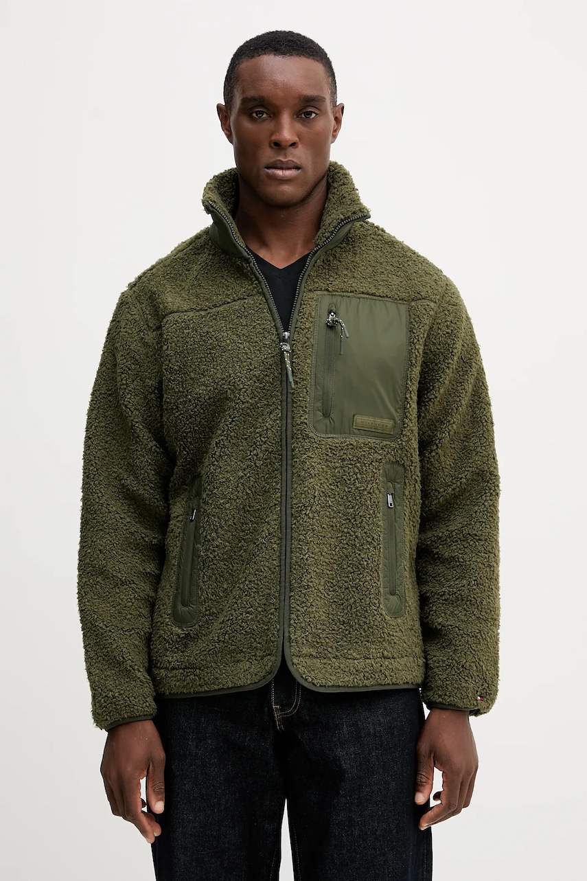 Fleecová mikina Tommy Hilfiger pánská, zelená barva, hladká, MW0MW40420