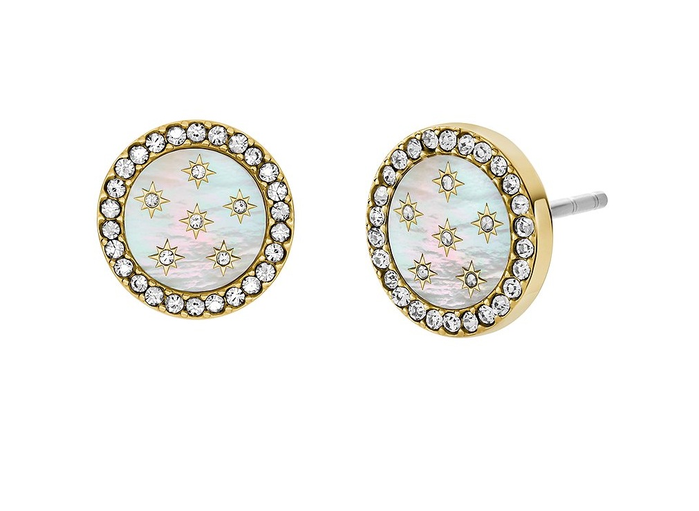 Fossil Okouzlující pozlacené náušnice s perletí a krystaly JF04868710