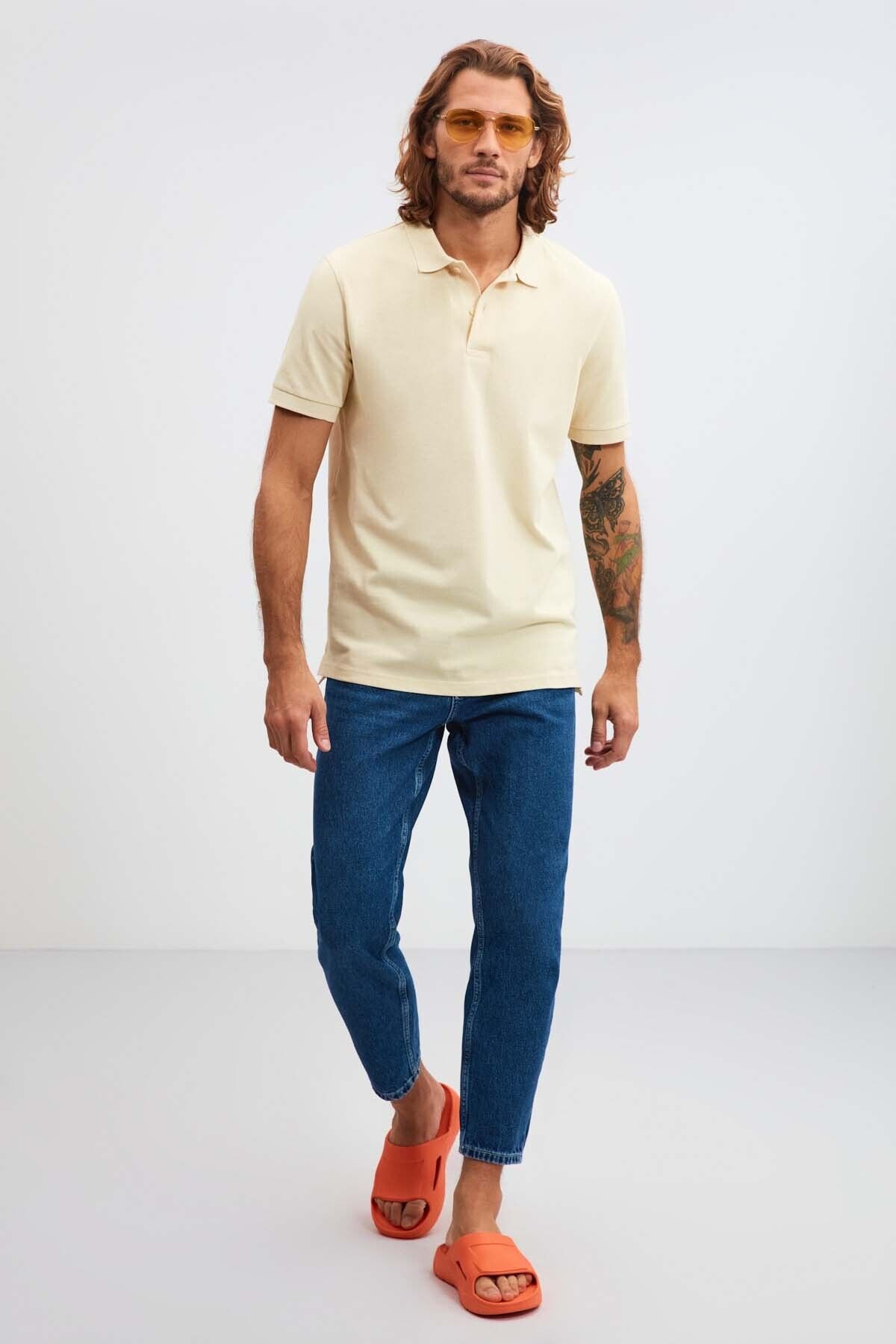 GRIMELANGE Morgan Men's Regular Fit 100% Cotton Yellow Polo Neck T-shir