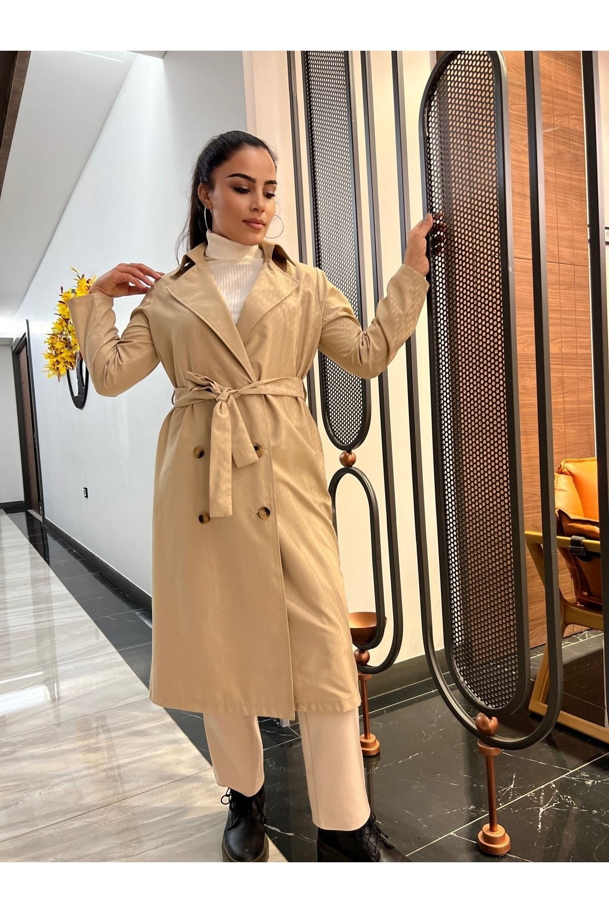 HAKKE Stand Collar Long Trench Coat