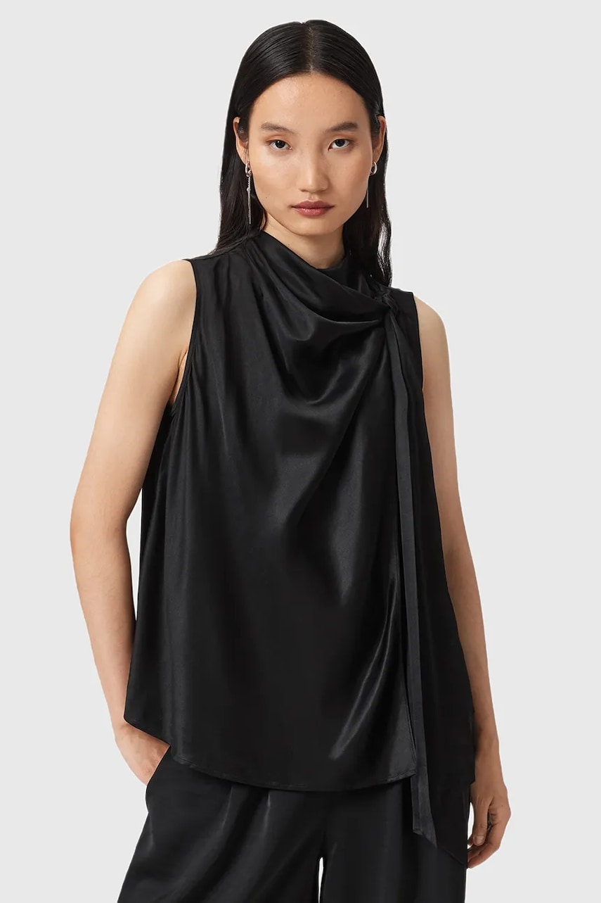 Halenka s příměsí hedvábí AllSaints HERELA černá barva, W011PD