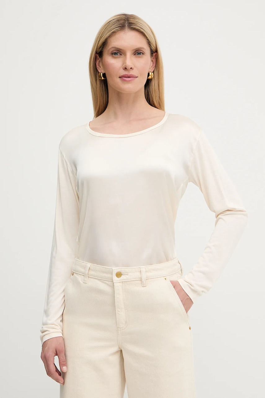 Halenka s příměsí hedvábí BOSS Green Esyva dámská, béžová barva, hladká, 50541888