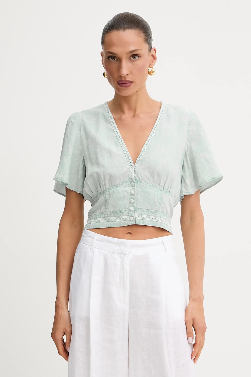 Halenka se lněnou směsí Guess LUIZA dámská, modrá barva, s aplikací, W5GH82 D5N81