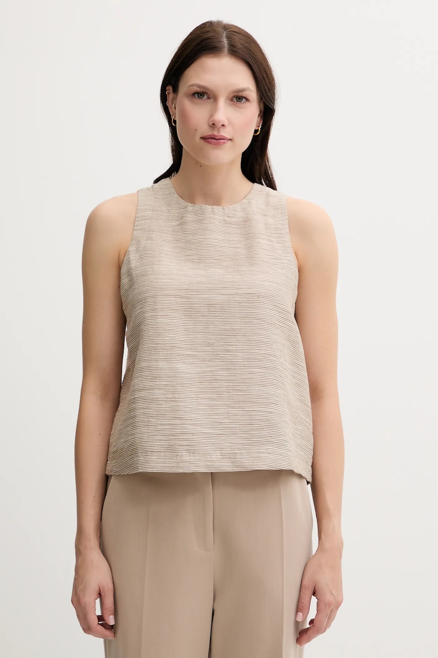 Halenka se lněnou směsí United Colors of Benetton dámská, béžová barva, vzorovaná, 5YPVDQ0BL