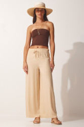 Happiness İstanbul Dámské kalhoty Latte Cotton Viscose Palazzo