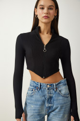 Happiness İstanbul Women's Black Zipper Turtleneck Crop Knitted Blouse