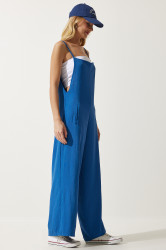Happiness İstanbul Women's Blue Strap Loose Knitted Overalls Jumpsuit