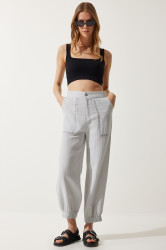 Happiness İstanbul Women's Gray Embroidery Detail Muslin Trousers