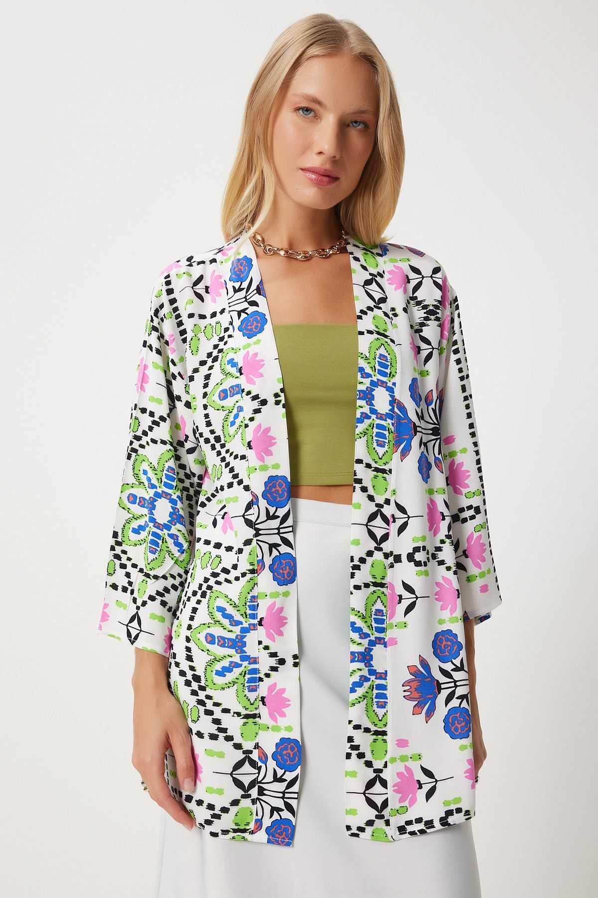 Happiness İstanbul Women's Green Blue Patterned Viscose Kimono