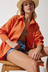 Happiness İstanbul Women's Orange Pocket Oversize Muslin Shirt