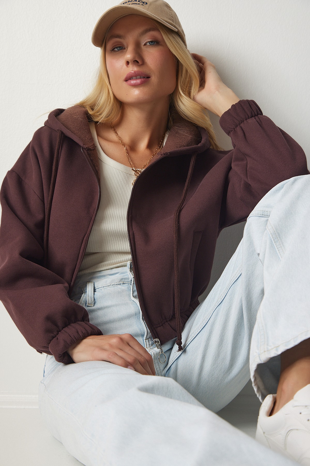 Happiness İstanbul Women's Brown Hooded Raised Sweatshirt