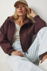 Happiness İstanbul Women's Brown Hooded Raised Sweatshirt