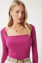Happiness İstanbul Women's Light Plum Square Neck Corded Knitted Blouse