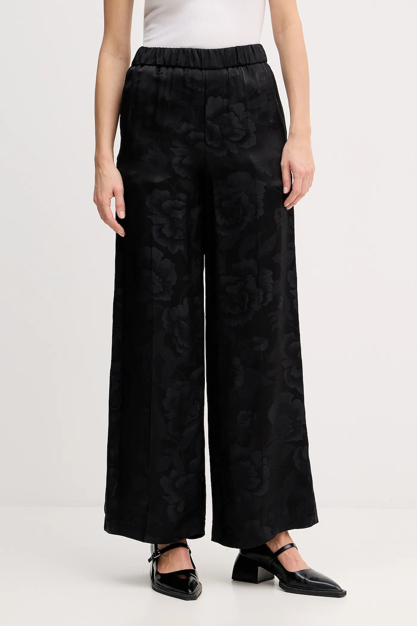 Hedvábné kalhoty Kenzo dámské, černá barva, široké, high waist, FF52PA0849JR.99