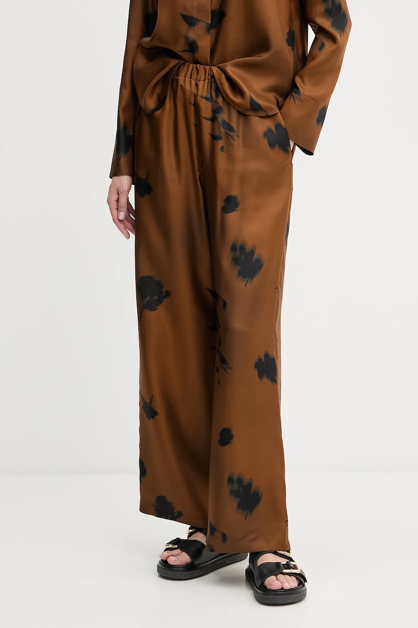Hedvábné kalhoty MM HELGA dámské, hnědá barva, široké, high waist, 2526136037600