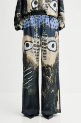 Hedvábné kalhoty MUNTHE ARUM dámské, tmavomodrá barva, high waist, 253140025318