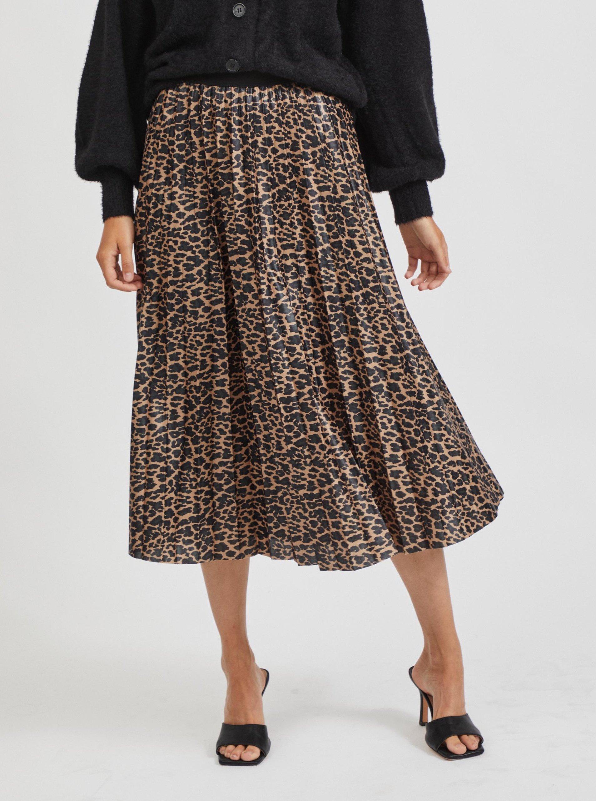 Hnědá vzorovaná plisovaná midi sukně VILA Vinitban - Dámské