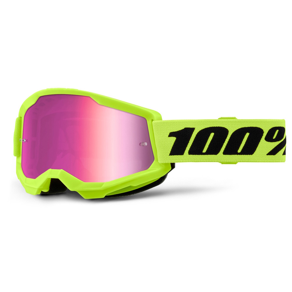 Juniorské motokrosové brýle 100% Strata 2 Junior Mirror Neon Yellow, růžové plexi