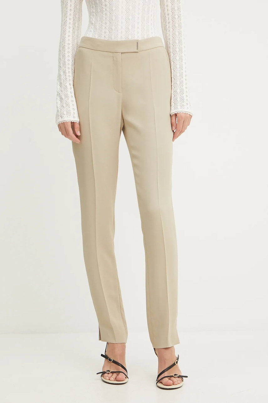 Kalhoty BOSS Tapria dámské, béžová barva, přiléhavé, high waist, 50541990