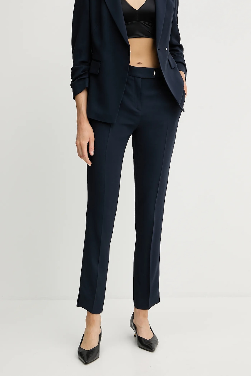 Kalhoty BOSS Tapria dámské, tmavomodrá barva, přiléhavé, high waist, 50541990