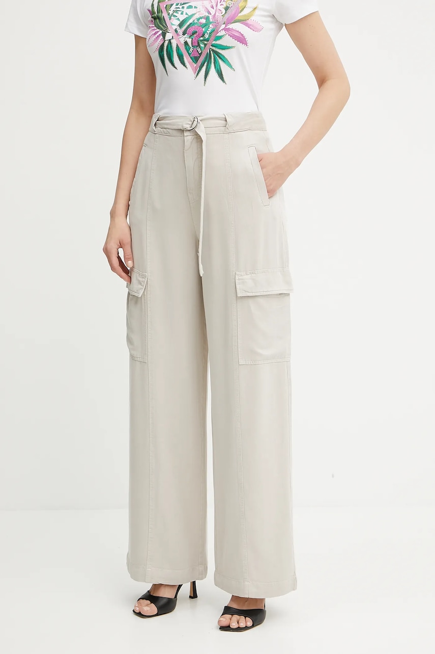 Kalhoty Guess AGATHA dámské, béžová barva, široké, high waist, W5GA1T WDP85