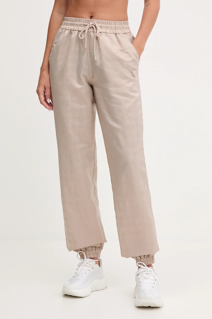 Kalhoty Guess AOP dámské, béžová barva, high waist, V5YB14 WHFU0