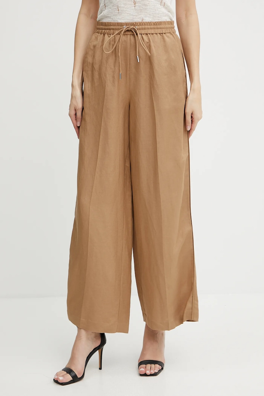 Kalhoty Karl Lagerfeld dámské, hnědá barva, široké, high waist, A2W10016