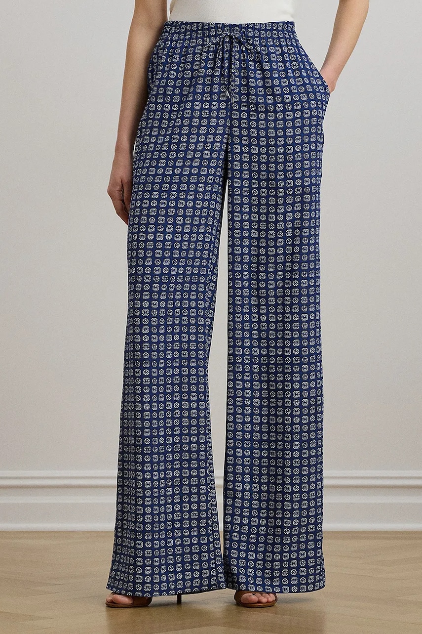 Kalhoty Lauren Ralph Lauren dámské, tmavomodrá barva, široké, high waist, 200970744