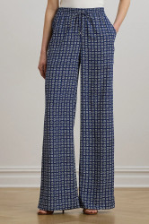 Kalhoty Lauren Ralph Lauren dámské, tmavomodrá barva, široké, high waist, 200970744