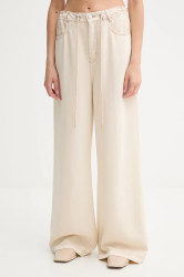 Kalhoty MUNTHE OBEY dámské, béžová barva, široké, high waist, 252141525206