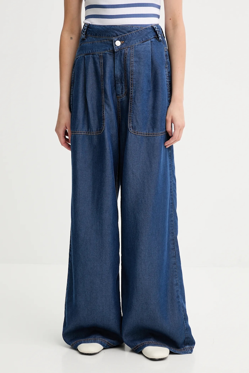 Kalhoty MUNTHE PAYTEN dámské, modrá barva, široké, high waist, 252142525207